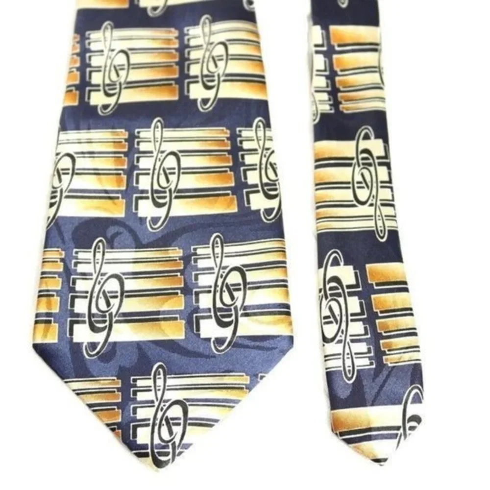 Steven Harris Tie Necktie Music Musical Notes Band Blue Tan‎ Gold Hand Made